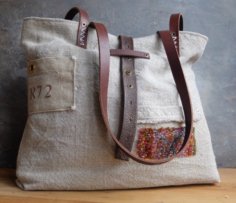 Burlap tote bag sac cabas leather handles Etsy
