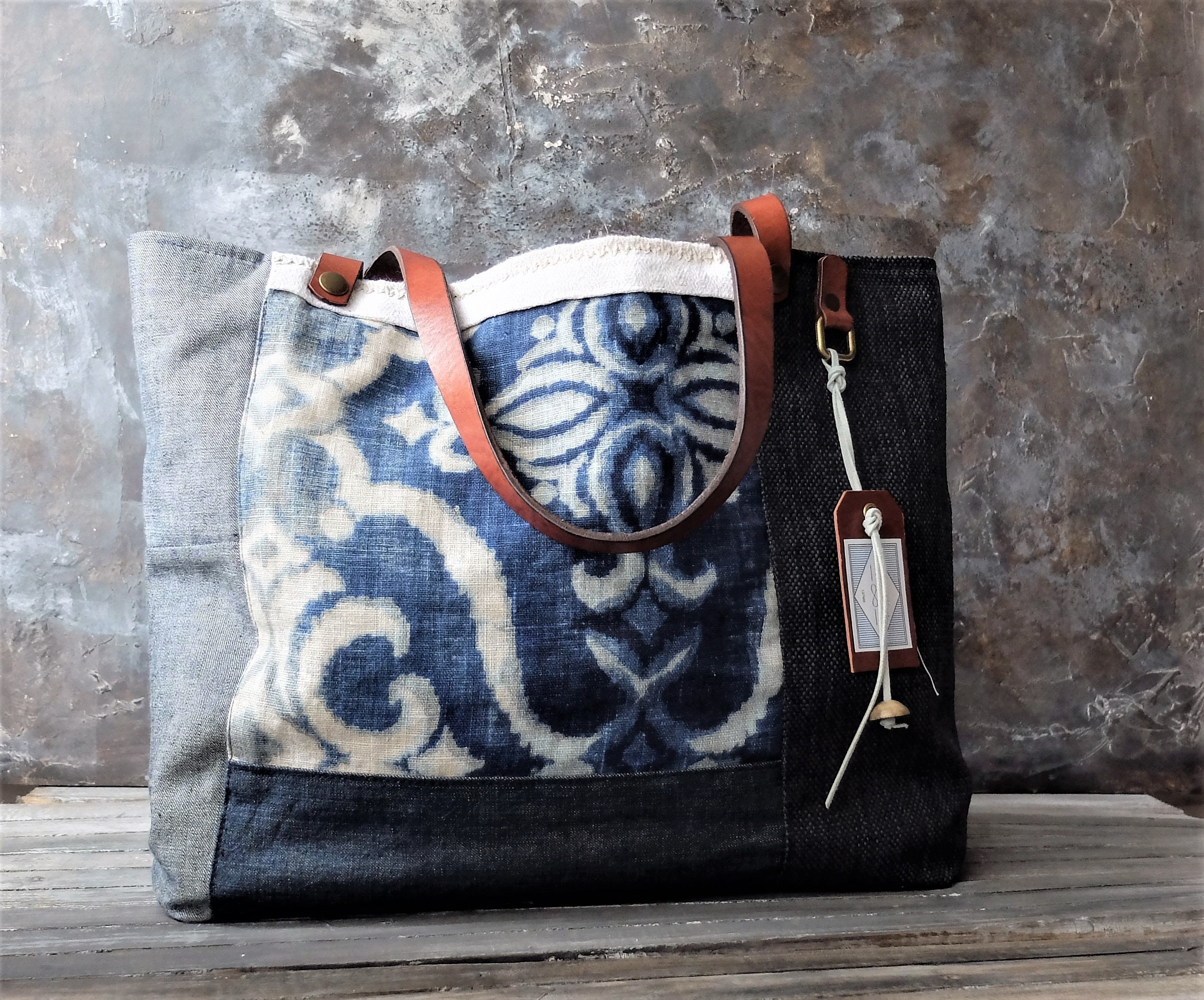 Linen bag antique hemp leather handles recycled denim Etsy