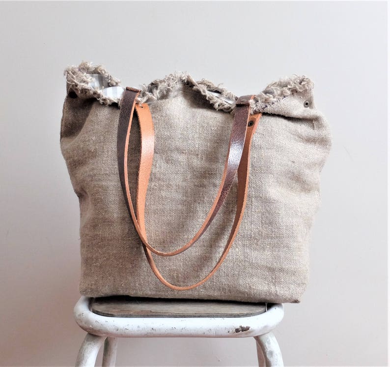 Burlap tote bag sac cabas leather handles Etsy