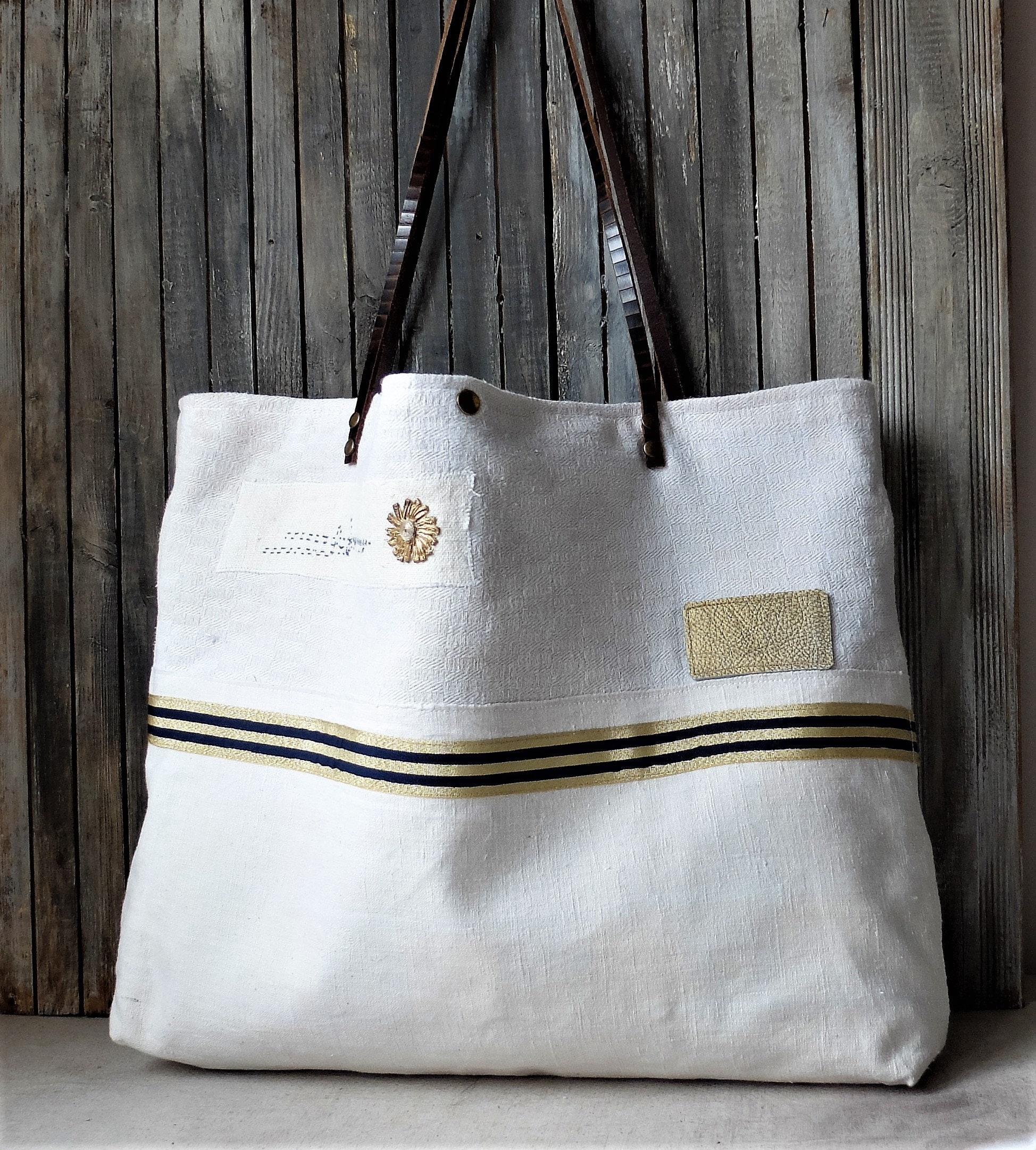 Large Linen Tote Bag Eco Recycled Fabric/ Leather Handles Etsy