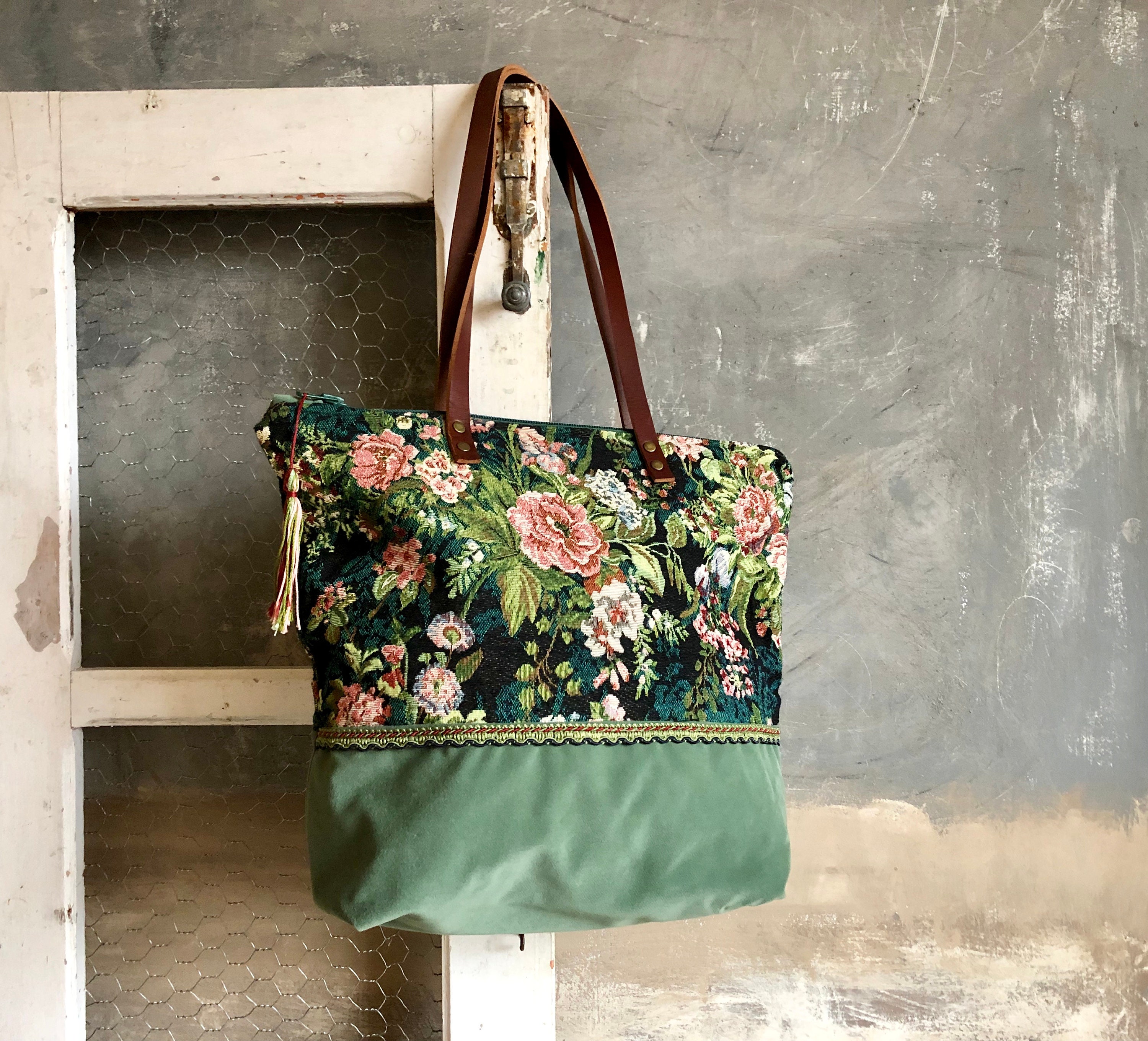 Tote bag zippered floral upholstery fabric and ribbon Etsy