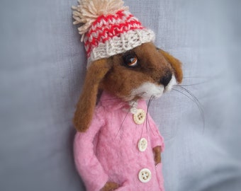 Needle felted rabbit poseable textile art doll, anthropomorphic animal, unique Christmas gift for girlfriend