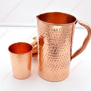 Pure Copper Jug with Tumbler for Drinking Water 1.5L Handcrafted Copper Mug, Ayurvedic Health Benefit Jug Pitcher Cup, 1x Jug, 1X Cup