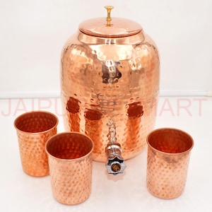 8L Pure Copper Water Dispenser Hammered Copper Home Studio Office Water Dispenser Jug with 3 Copper Water Cups For Drinking Health Benefits