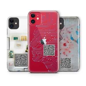 May include: Three iPhone cases with distinct designs. One case shows a gallery wall, another has a red circuit board design with an Apple logo, and the third displays a graffiti-style image of a person in medical scrubs. Each case has a QR code.