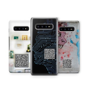 May include: Three Samsung phone cases with distinct designs. One case has a circuit board design on a black background, another displays a QR code and a shelf with art, and the third has graffiti art.