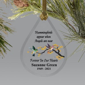 Personalized Memorial Glass Ornament Hummingbirds appear When Angels are Near Tear drop Shaped Glass Christmas Ornament Sympathy Keepsake