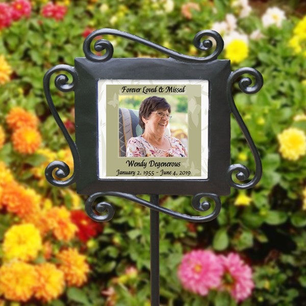 Personalized Memorial Photo Garden Stake Green Border Plant Marker Any Text  in Memory of Memorial Plaque