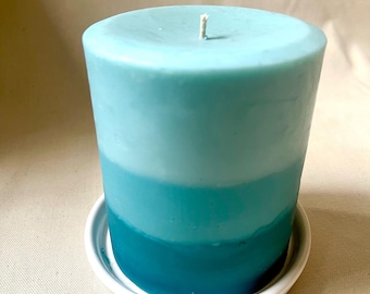 Coastal Blue Soy Candle 4x5 – Ocean Inspired Layered Pillar – Beach House Decor – Clean Fresh Scent – Handmade Candle