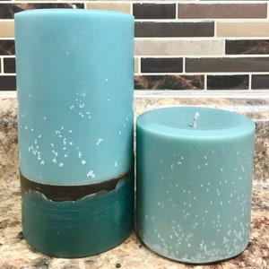 Teal, Aqua and Brown Layered Pillar Candle set of two
