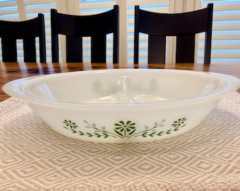 Cazuela ovalada dividida Glasbake by Jeannette "Green Daisy" vintage, J2352, EE. UU.