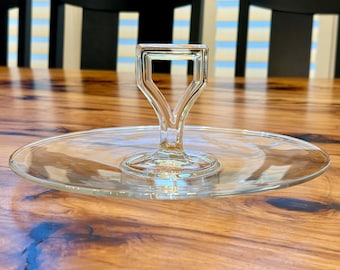 Vintage Clear Glass Etched Tidbit Serving Tray with Center Handle, 1940s-1950s