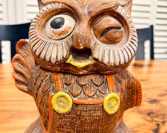 Tarro para galletas vintage de los años 60 de California Originals con búho guiñando el ojo, muy apreciado.