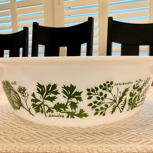 Vintage Glasbake by Jeannette "Herbs" Pattern Casserole Bowl, 2 Qt, J514, USA