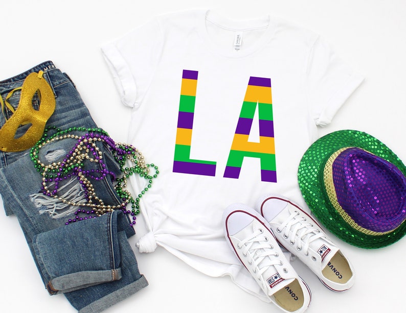 Mardi Gras Shirt LA Louisiana Stripe Purple Yellow Green Fleur De Lis T-Shirt Tee Fun Bourbon St Laissez Les Bon Temps Rouler Parade Party 