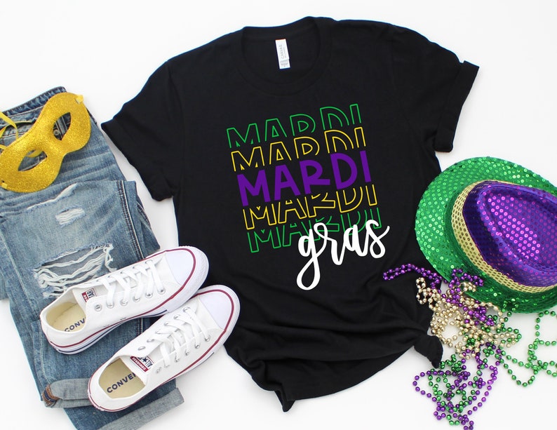 Mardi Gras Shirt Mardi Mirror Stacked Purple Yellow Green Fleur De Lis T-Shirt Tee Fun Bourbon St Laissez Les Bon Temps Rouler Parade Party 