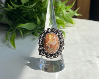 Floral HoneyBee Fire Opal & Sterling Silver Ring, Size 8