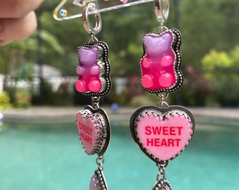 Lilac Chalcedony, Pink Sweet Heart, & Purple Gummy Bear Sterling Silver Huggie Hoop Earrings