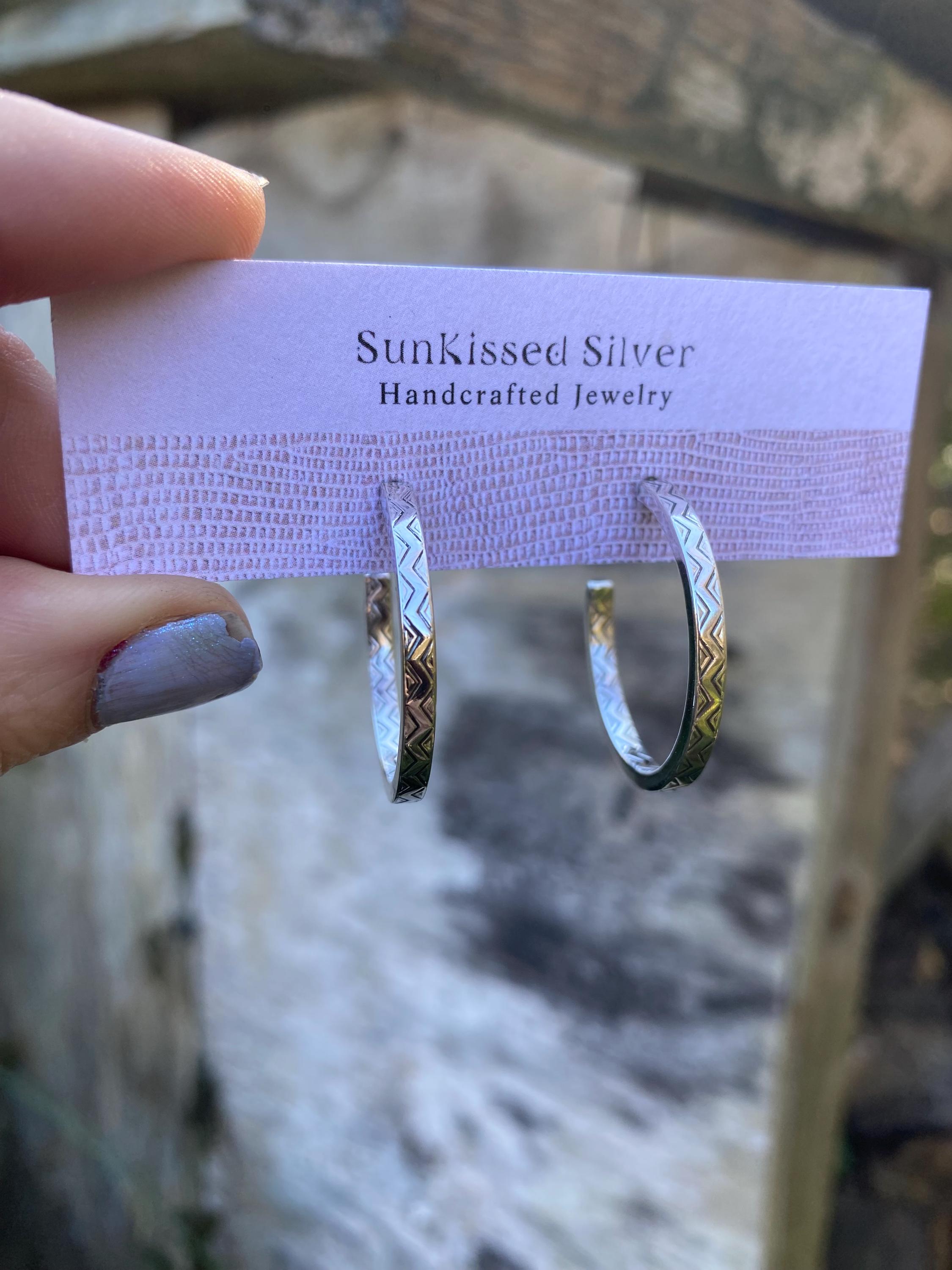 Tex- Mex Zig-Zag Patterned Sterling Silver Half Hoop Earrings