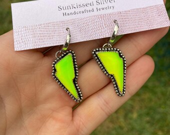 Neon Yellow Aurora Opal Lightning Bolt Sterling Silver Huggie Hoop Earrings