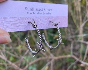 Sterling Silver Barbed Wire Half Hoop Earrings, Western, Rugged, Cowgirl, Ranch, Southern, Cattle