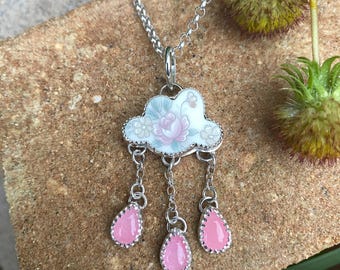 Pink Chalcedony & Floral Up-cycled china Cloud Sterling Silver Pendant Necklace