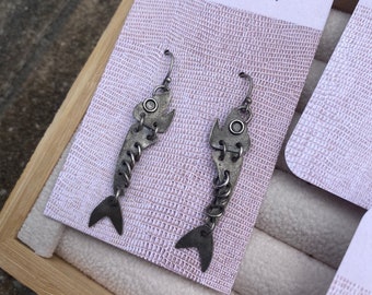 Distressed Fish Bone Sterling Silver Dangle Earrings