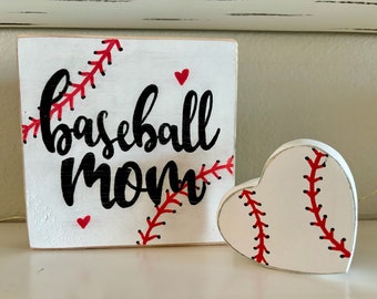 Hand Painted Baseball Mom Sign & Heart Set