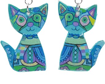 Blue Cat Earrings - Fun Upcycled Paper Jewelry for Cat Lovers