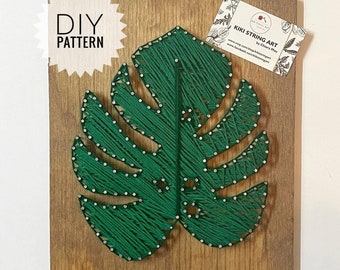 String art pattern monstera leaf printable, monstera string art pattern, DIY craft project for adults and kids, plant string art template