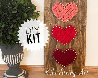 DIY 6x12 three hearts String Art Kit, String art Trio Hearts diy wood sign, DIY string art kit, craft for adults teens, diy heart wall art