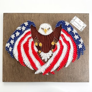May include: A string art piece depicting an American bald eagle with its wings spread wide, forming the shape of the American flag. The eagle is brown with a white head and yellow beak. The flag is red, white, and blue with white stars on a blue field. The art is mounted on a wooden frame.