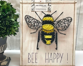 Bee string art, bee wall art wooden sign, bee happy wall hanging sign, bee home decor, bee art, bee wood sign, beekeeper birthday gift