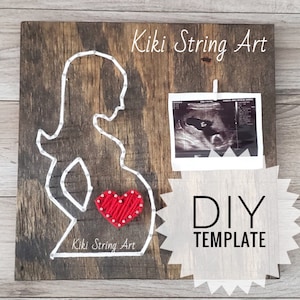 May include: DIY string art template featuring a pregnant woman silhouette with a red heart in her belly. The template includes a black and white ultrasound image.