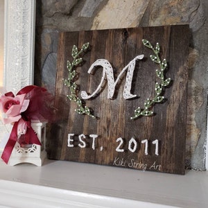 Monogram name string art with leaves, personalized letter initial wood sign, family name string art, custom wedding gift, entryway wall art image 10