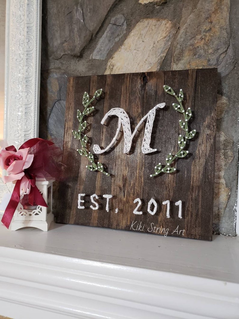 Monogram name string art with leaves, personalized letter initial wood sign, family name string art, custom wedding gift, entryway wall art image 10