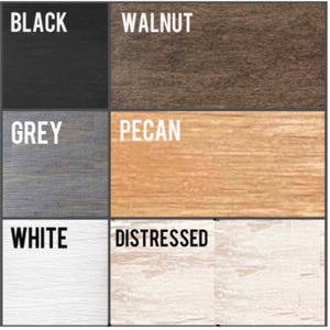 May include: A wood stain color chart with six different wood stain colors: black, walnut, grey, pecan, white, and distressed.