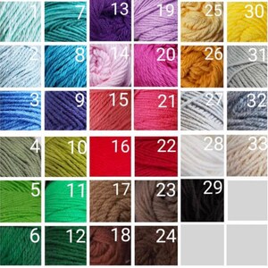May include: A chart of 33 different colored yarn skeins, numbered 1 through 33. The yarn is arranged in rows of six, with the numbers 13, 19, 25, and 30 at the top of the chart.