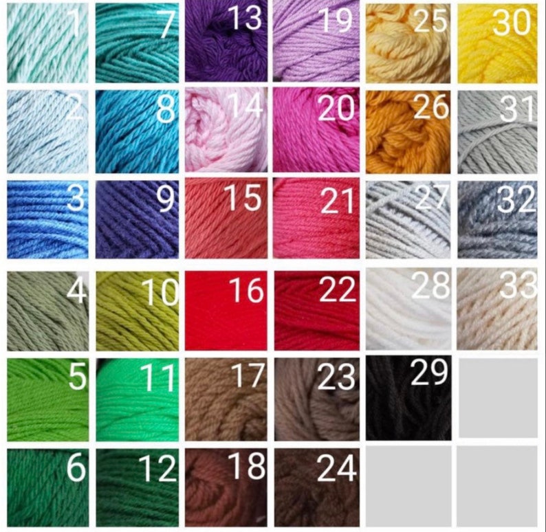 May include: A chart of 33 different colored yarn skeins, numbered 1 through 33. The yarn is arranged in rows of six, with the numbers 13, 19, 25, and 30 at the top of the chart.