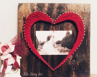 Heart string art wood sign, personalized picture frame with clip, custom heart wall decor, Anniversary gift, wedding gift, memorial gift