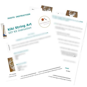 May include: A DIY kit instruction sheet for string art, featuring a photo of a white string art deer head on a wooden background. The sheet includes instructions for creating the string art, as well as information about the Kiki String Art brand.
