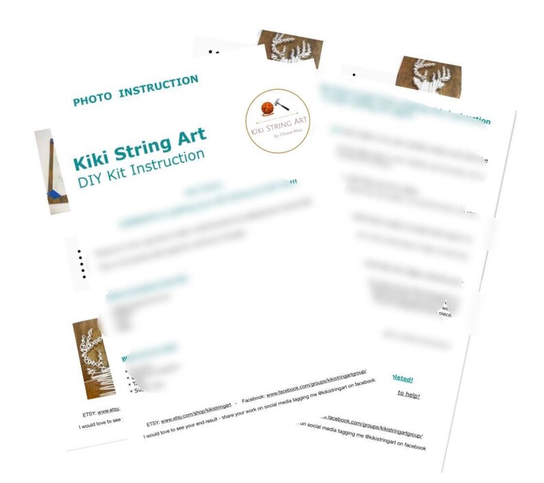 May include: A DIY kit instruction sheet for string art, featuring a photo of a white string art deer head on a wooden background. The sheet includes instructions for creating the string art, as well as information about the Kiki String Art brand.