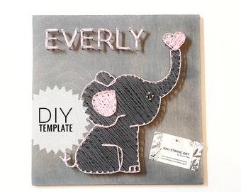 String art baby elephant template, DIY string art nursery wall art, PDF pattern string art elephant, digital download string art elephant