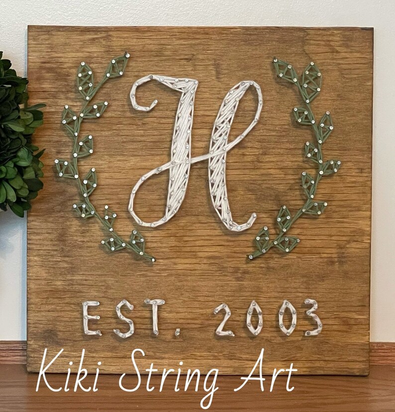 Monogram name string art with leaves, personalized letter initial wood sign, family name string art, custom wedding gift, entryway wall art image 7