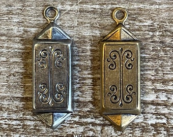 Deco Art Nouveau Tag with Loop Stamping, Finding. Pendant Charm Solid Brass, USA Made.