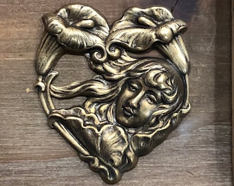 Heart, Floral, Victorian, Art Nouveau Stamping, Finding, Charm, Pendant, Solid Brass, USA Made.