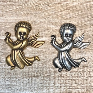 Large Flying Cherub Stamping, Finding. Solid Brass, USA Made.
