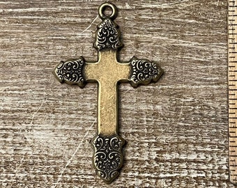 Large Ornate Brass Cross with Loop Stamping, Finding. Pendant Necklace Charm Solid Brass, USA Made.