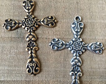 Ornate Cross Stamping, Finding, Charm, Pendant. Solid Brass, USA Made.