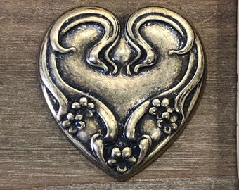 Heart, Floral Art Nouveau Stamping, Finding, Charm, Pendant. Solid Brass, USA Made.